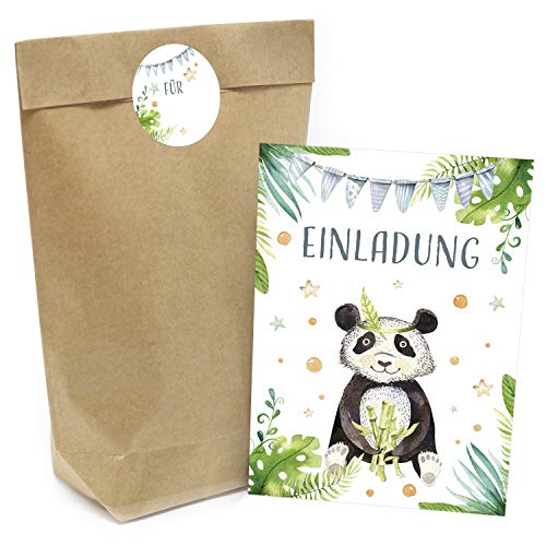 Kindergeburtstag Einladung Set mit je 8 Einladungskarten, Umschlägen, Tüten und Aufkleber - Motiv: Panda Bär Aquarell Look von Einladungskarten Manufaktur Hamburg