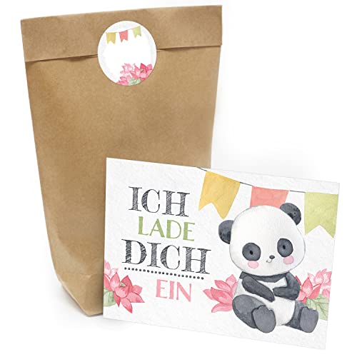 Kindergeburtstag Einladung Set mit je 8 Einladungskarten, Umschlägen, Tüten und Aufkleber - Panda Bär von Einladungskarten Manufaktur Hamburg