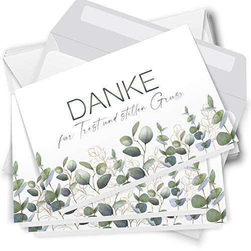 Trauer Danksagungskarten mit Umschlag | Motiv: Eucalyptus Gold, 10 Stück | Dankeskarten DIN A6 Set | Klappkarten-Trauerkarten Danksagung Danke sagen von Einladungskarten Manufaktur Hamburg