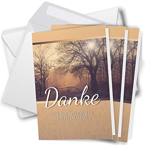 Trauer Danksagungskarten mit Umschlag | Motiv: Waldweg orange, 10 Stück | Dankeskarten DIN A6 Set | Klappkarten-Trauerkarten Danksagung Danke sagen von Einladungskarten Manufaktur Hamburg