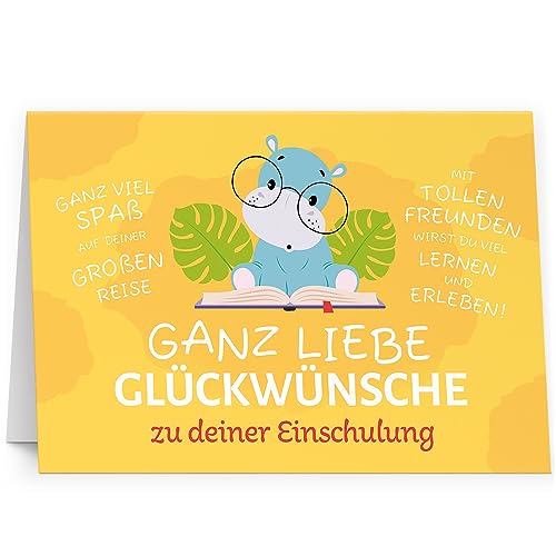 XXL Glückwunschkarte (A4) Einschulung mit Umschlag Thema Schule Nilpferd niedlich Gelb - hochwertige Klappkarte | Große Design Maxi Karte Grußkarte Gutschein von Einladungskarten Manufaktur Hamburg