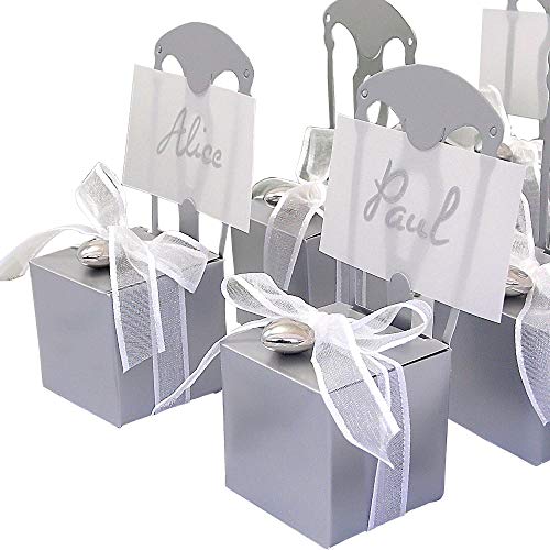 EinsSein 12x Kartonagen Gastgeschenke Hochzeit Tischkartenhalter Stuhl Silber mit Namenskärtchen Hochzeitsmandeln Kartonage Geschenkboxen Geschenkbox Taufe Taufmandeln Tischkarten Candybar von EinsSein