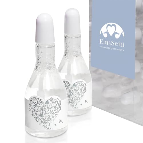 EinsSein 24x Seifenblasen Hochzeit Champagnerflasche Box Weiss-Silber - Gastgeschenke für die Hochzeit Taufe Geburtstag Verlobung - Mini Hochzeitsseifenblasen Herz Herzgriff im Tube - Wedding Bubbles von EinsSein