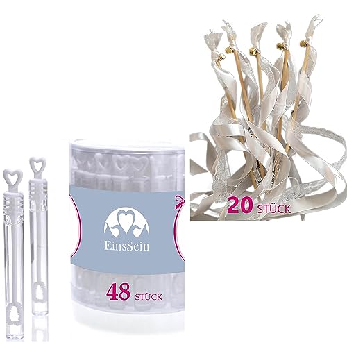 EinsSein 48 Seifenblasen Hochzeit Herzgläschen & 20 Wedding Wands Weiss Set Gastgeschenke für die Hochzeit - Spalierstäbe für Standesamt Trauung Kirche - Hochzeitsseifenblasen von EinsSein