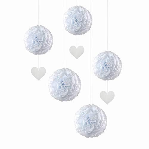 EinsSein 5er Mix Pom Poms mit Anhänger 3X Herz Anhänger Weiss 2X Large (Weiss) Pompons Hochzeit Wedding Pompons Dekokugel von EinsSein