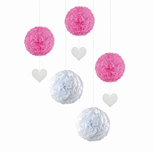 EinsSein 5er Mix Pom Poms mit Anhänger 3X Herz Anhänger rosa 2X Large (Weiss) Pompons Hochzeit Wedding Pompons Dekokugel von EinsSein