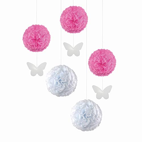 EinsSein 5er Mix Pom Poms mit Anhänger 3X Schmetterling Aanhänger rosa 2X Large (Weiss) Pompons Hochzeit Wedding Pompons Dekokugel von EinsSein