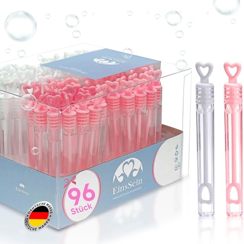 EinsSein 96x Seifenblasen Hochzeit Herzgläschen Box Weiss-rosa - Gastgeschenke für die Hochzeit Taufe Geburtstag Verlobung - Mini Hochzeitsseifenblasen Herz Herzgriff im Tube - Ideen Hochzeitsdeko von EinsSein