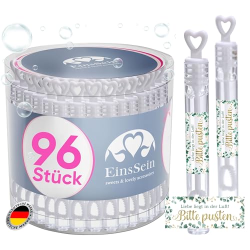 EinsSein 96x Seifenblasen Hochzeit Herzgläschen Liebe liegt in der Luft - Bitte pusten Gold-grün Set Weiss Aufkleber Set Weiss Gastgeschenke für die Hochzeit, Taufe - Hochzeitsseifenblasen mit von EinsSein