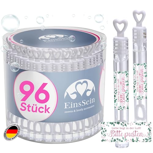 EinsSein 96x Seifenblasen Hochzeit Herzgläschen Bitte pusten rosa-grün Set Weiss Aufkleber Set Weiss Gastgeschenke für die Hochzeit, Taufe - Hochzeitsseifenblasen von EinsSein