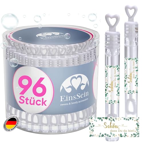 EinsSein 96x Seifenblasen Hochzeit Herzgläschen Schön, DASS Du da bist gold-grün Set mit Aufkleber Set weiss Gastgeschenke für die Hochzeit, Taufe - Hochzeitsseifenblasen mit Freudentränen kombinieren von EinsSein