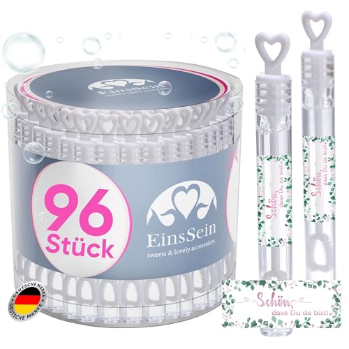 EinsSein 96x Seifenblasen Hochzeit Herzgläschen Schön, DASS Du da bist rosa-grün Set mit Aufkleber Set weiss Gastgeschenke für die Hochzeit, Taufe - Hochzeitsseifenblasen mit Freudentränen kombinieren von EinsSein