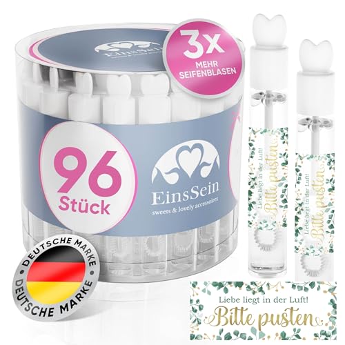 EinsSein Seifenblasen Hochzeit Lovegläschen mit Bitte Pusten Gold-grün Aufkleber - 96 Stück - Set Weiss für Gastgeschenke Hochzeit Gäste Hochzeitsdeko Vintage - Wedding Bubbles, Hochzeitsseifenblasen von EinsSein