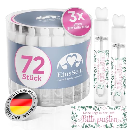 EinsSein Seifenblasen Hochzeit Lovegläschen mit Bitte Pusten rosa-grün Aufkleber - 72 Stück - Set weiss Herz Hochzeitsseifenblasen für Hochzeit giveaways, Hochzeits Gastgeschenk - Seifenblasen-Set für von EinsSein