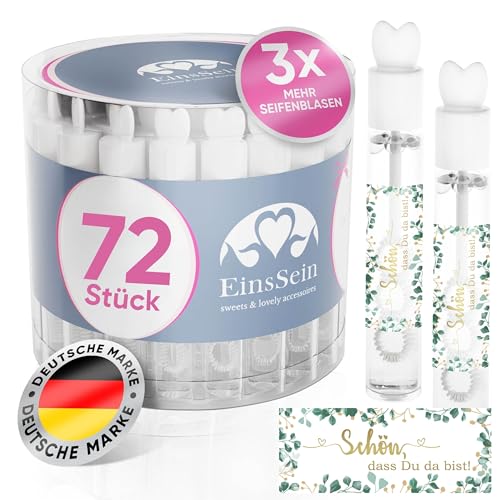 EinsSein Seifenblasen Hochzeit Lovegläschen mit Schön, DASS Du da bist Aufkleber Gold-grün - 72 Stück - Set Weiss Herz Hochzeitsseifenblasen für Hochzeit giveaways, Hochzeits Gastgeschenk - von EinsSein