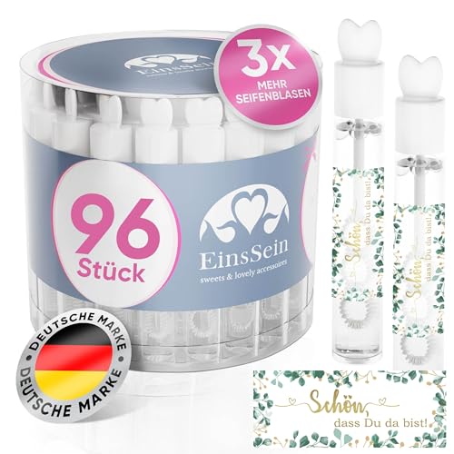 EinsSein Seifenblasen Hochzeit Lovegläschen mit Schön, DASS Du da bist Aufkleber Gold-grün - 96 Stück - Set Weiss für Gastgeschenke Hochzeit Gäste Hochzeitsdeko Vintage - Wedding Bubbles, von EinsSein