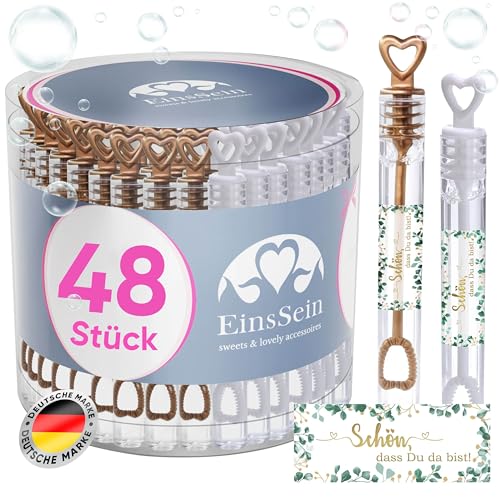 EinsSein Seifenblasen Hochzeit mit Aufkleber Herzgläschen Set Bronze-Gold - Weiss | Gastgeschenke für die goldene Hochzeit Taufe Geburtstag Valentinstag Verlobung Party| Hochzeitsseifenblasen mit von EinsSein