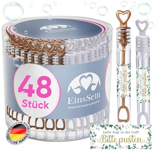 EinsSein Seifenblasen Hochzeit mit Aufkleber Herzgläschen Set Bronze-Gold - Weiss | Gastgeschenke für die goldene Hochzeit Taufe Geburtstag Valentinstag Verlobung Party| Hochzeitsseifenblasen mit von EinsSein