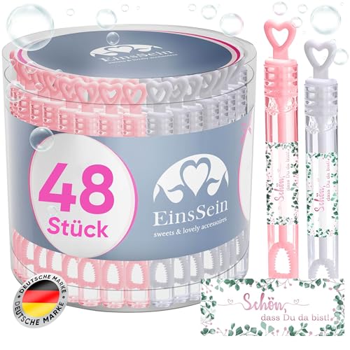 EinsSein Seifenblasen Hochzeit mit Aufkleber Herzgläschen Set rosa-Weiss | Gastgeschenke für goldene Hochzeit Taufe Geburtstag Valentinstag Verlobung Party | Hochzeitsseifenblasen mit Freudentränen von EinsSein