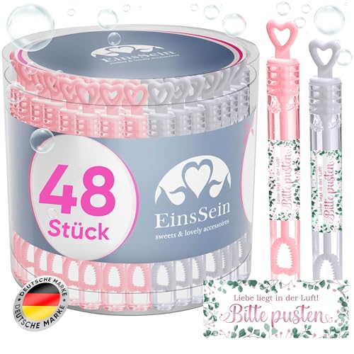 EinsSein Seifenblasen Hochzeit mit Aufkleber Herzgläschen Set rosa-Weiss | Gastgeschenke für die Hochzeit Taufe Geburtstag Valentinstag Verlobung Party | Hochzeitsseifenblasen mit Freudentränen von EinsSein