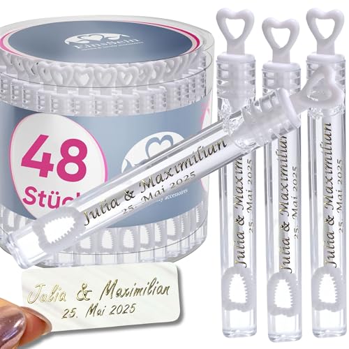 EinsSein personalisierte Seifenblasen Hochzeit Herzgläschen Weiss 48 Stück | Seifenblasen mit Aufkleber als Gastgeschenke auch für die Taufe Geburtstag Party | Hochzeitsseifenblasen | Wedding Bubbles von EinsSein