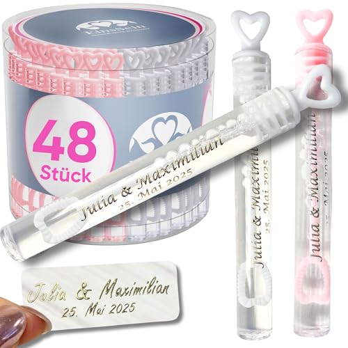 EinsSein personalisierte Seifenblasen Hochzeit Herzgläschen rosa-Weiss 48 Stück | Seifenblasen mit Aufkleber als Gastgeschenke auch für die Taufe Geburtstag Party | Hochzeitsseifenblasen | Wedding von EinsSein