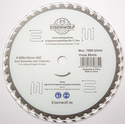 200x16 mm Premium Sägeblatt, Kreissägeblatt für Holz mit 40 gekippten TCT-Zähnen und Laser-Cuts für Lärmminderung von Eisenwolf