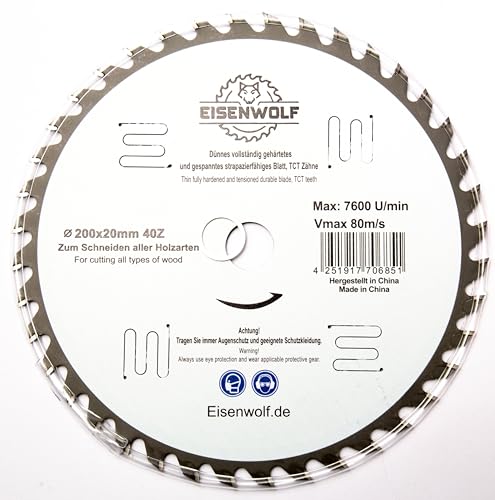 200x20 mm Premium Sägeblatt, Kreissägeblatt für Holz mit 40 gekippten TCT-Zähnen und Laser-Cuts für Lärmminderung von Eisenwolf