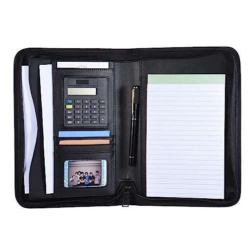 Business-Portfolio, Padfolio-Ordner Dokumententasche Organizer A5 PU-Leder Reißverschluss mit Taschenrechner Kartenhalter Notizblock von Ejoyous