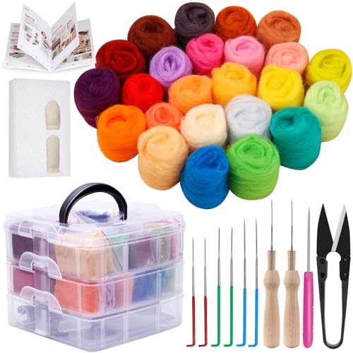 Ekalee 24Farben Nadelfilz Set, 24 Farben Filzwolle Roving, Nadelfilz Starter Kit mit Filznadeln Grundwerkzeugen und Zubehör Wollfaser-Handspinnmaterial zum Basteln für Anfänger von Ekalee