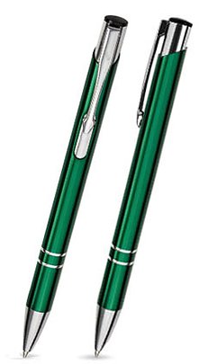 100 Stk. Metall Kugelschreiber mit einseitiger Gravur (Lasergravur) / COSMO dunkelgrün (glänzend). von Ekotaschen