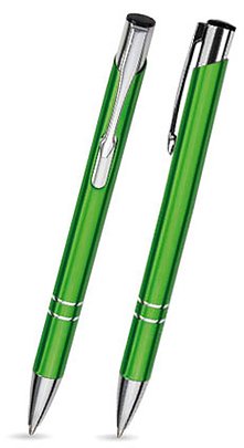 100 Stk. Metall Kugelschreiber mit einseitiger Gravur (Lasergravur) / COSMO hellgrün (glänzend). von Ekotaschen