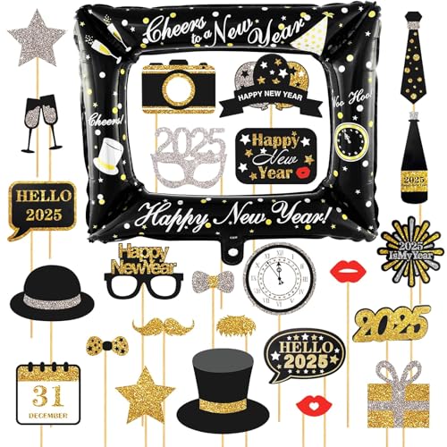 2025 Neujahr Fotorequisiten Fotoaccessoires 26 Stück, Silvester Party Photobooth Requisiten, Neujahr Selfie Rahmen, Silvester Deko 2025, Silvester Photo Booth Props Set für Erwachsene Kinder von Ekukeon