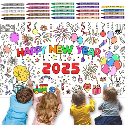 Ekukeon Happy New Year Ausmal-Tischdecke 76 x 183 cm,Kinder Silvester Tischdecke,Frohes Neues Jahr Ausmaltischdecke,Papier-Tischdecke zum Ausmalen Silvester Deko 2025,Neujahrsgeschenke für Kinder. von Ekukeon