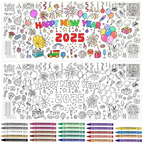 Happy New Year Ausmal-Tischdecke 76 x 183 cm,Kinder Silvester Tischdecke,Frohes Neues Jahr Ausmaltischdecke,Papier-Tischdecke zum Ausmalen Silvester Deko 2025,Neujahrsgeschenke für Kinder. von Ekukeon