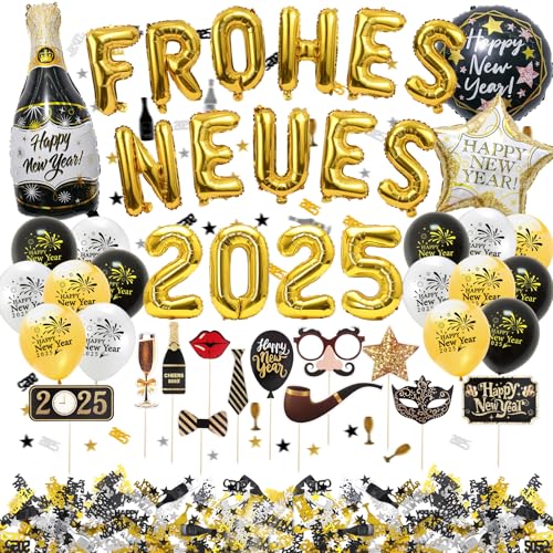 Silvester Deko 2025, mit 2025 Frohes Eues, Neujahr Deko Ballon, Silvester Foto Requisiten, Glitzer Confetti Silvester Tischdeko, Happy New Year Deko 2025, Silvesterparty Dekoration von Ekukeon