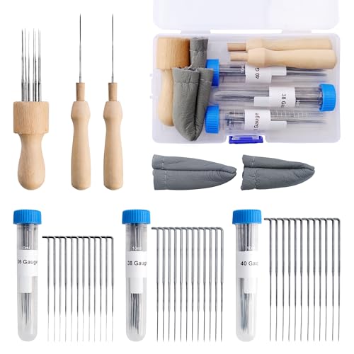 Nadelfilz Set mit 36 Filznadeln in 3 Größen - Komplettset zum Trockenfilzen inklusive Holzgriffen, Fingerlingen und Aufbewahrungsflaschen für Wollfilzprojekte, farblos Nadelfilz Set mit 36 Filznadeln in 3 Größen - Komplettset zum Trockenfilzen inklusive Holzgriffen, Fingerlingen und Aufbewahrungsflaschen für Wollfilzprojekte, farblos von Elalove
