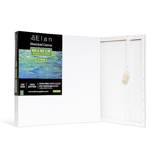 Elan Keilrahmen Leinwand 60x60 4er Set, 100% Baumwolle Leinwand zum Bemalen Quadratisch, Leinwand Quadratisch 60x60, Leinwände für Acrylfarben, Keilrahmen Groß 60x60, Keilrahmen Set, Leinwand Acryl von Elan