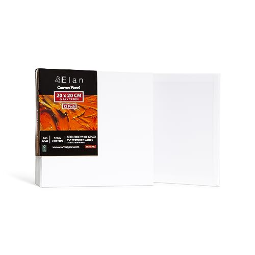 Elan Leinwand Dünn 20x20, 12-PACK 100% Baumwolle Leinwand zum Bemalen klein, Malpappen für Acrylfarben, Malkarton Acryl, Künstler Leinwand klein, Painting Canvas Weiß, Malplatten zum Bemalen von Elan