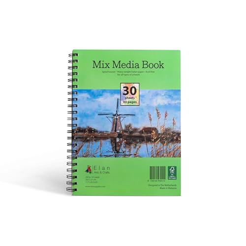 Elan Mix Media Block A4, 30 Blätt 250gsm Papier, Mix Media Skizzenbuch Spiralbindung, Mix Media Block mit Schweres Papier, Mix Media Buch A4, Blanko Mix-Media Papier, Mixed Media Book von Elan
