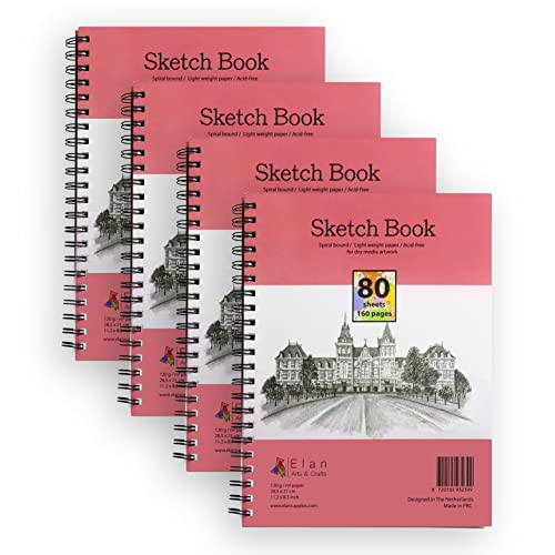 Elan Skizzenbuch A4-4 Pack, 80 Blätt 120gsm Glattes Papier, Sketchbook A4, Skizzenbuch Spiralbindung, Skizzenblock A4 mit Blanko Leichtes Skizzenpapier, Zeichenblock, Zeichenbuch, Sketch Book von Elan