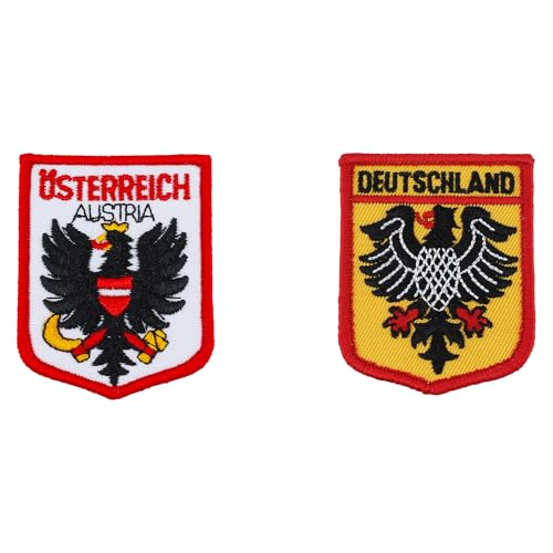 Patch Set - Aufnäher Patches Zum Aufbügeln Oder Aufnähen, Schildform, 5x6.5cm, 1 Stück Deutschland und 1 Stück Austria, Bügelbild Für Erwachsene Textilien, Rucksack Patch, Aufbügelbilder von Elbers Souvenirs