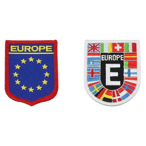 Patch Set - Aufnäher Patches Zum Aufbügeln Oder Aufnähen, Schildform, 5x6.5cm, 1 Stück Europa Flagge und 1 Stück Europa, Bügelbild Für Erwachsene Textilien, Rucksack Patch, Aufbügelbilder von Elbers Souvenirs