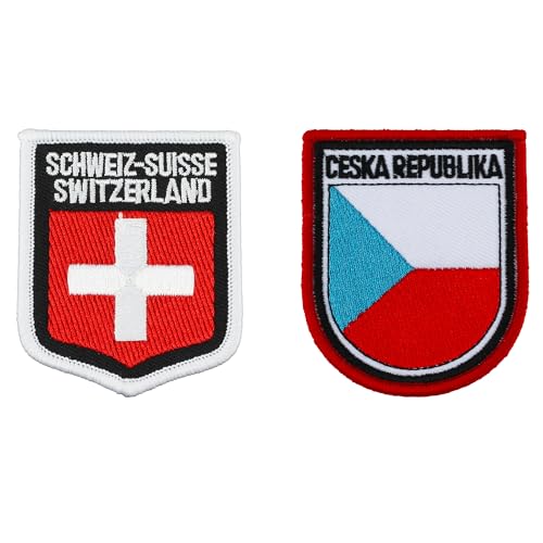 Patch Set - Aufnäher Patches Zum Aufbügeln Oder Aufnähen, Schildform, 5x6.5cm, 1 Stück Schweizerisch und 1 Stück Tschechien, Bügelbild Für Erwachsene Textilien, Rucksack Patch, Aufbügelbilder von Elbers Souvenirs