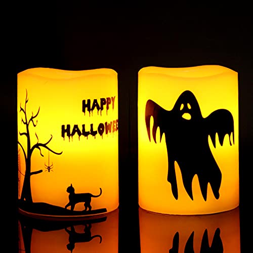 Eldnacele Halloween LED Kerzen mit 6-Stunden-Timer, flackernde flammenlose Stumpenkerzen, 2er-Set Geister, Katzenmuster für Halloween-Dekorationsgeschenke (7,5 cm x 10 cm) von Eldnacele