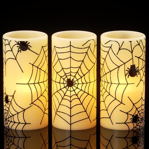 Eldnacele Halloween LED Kerzen mit Timerfunktion, flammenlose Stumpenkerzen Echtwachssäulenkerzen flackernd, Spinnennetz & Spinnen-Kerzenset, 3er-Set, Ø 7,5 cm x H 15 cm Halloween-Dekorationen von Eldnacele