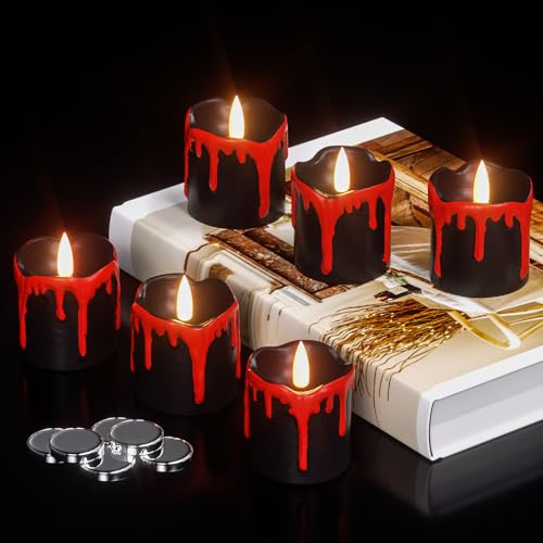 Eldnacele Halloween flammenlose Votivkerzen mit 6 Stunden Timer, schwarze LED Kerzen mit tropfendem Wachs, flackernde Teelichter, batteriebetriebene Kerzen, 6er Set, Ø 5 cm H 6 cm von Eldnacele