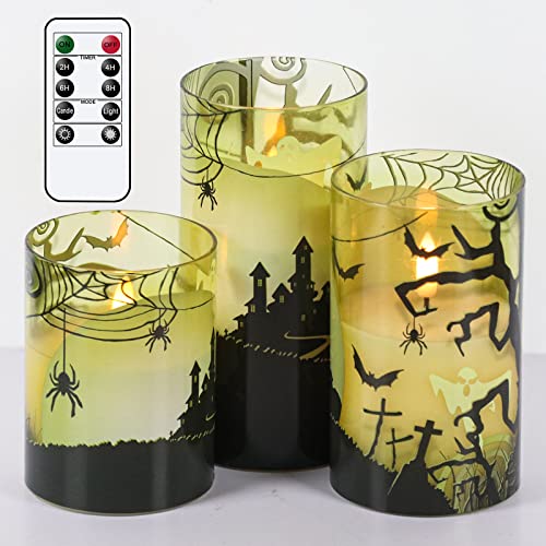 Eldnacele Halloween grün Glas flammenlose Kerzen mit Fernbedienung Timer, batteriebetriebene Halloween LED Kerzen flackernd für Heimdekoration Geschenk 3er Set(Spinnennetz Geist Burg) von Eldnacele