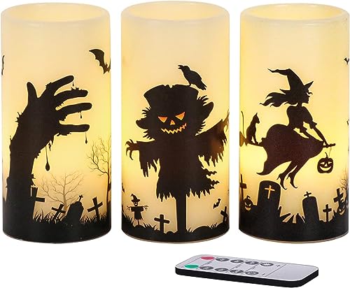 Eldnacele Halloween led kerzen flackern mit Fernbedienung, Batteriebetrieben Echtwachs Stumpenkerzen 3er Set für Horror Gruselige Halloween Heimdekoration Geschenk von Eldnacele