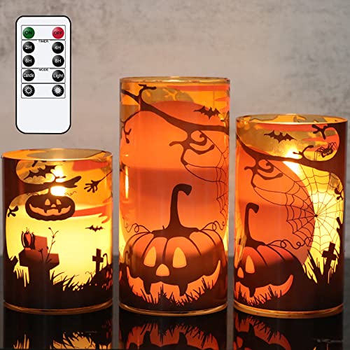 Eldnacele Halloween orange Glas flammenlose Kerzen mit Fernbedienung Timer, batteriebetriebene LED Halloween Kerzen flackernd für Heimdekoration Geschenk 3er Set(Kürbis Spinnennetz Muster) von Eldnacele